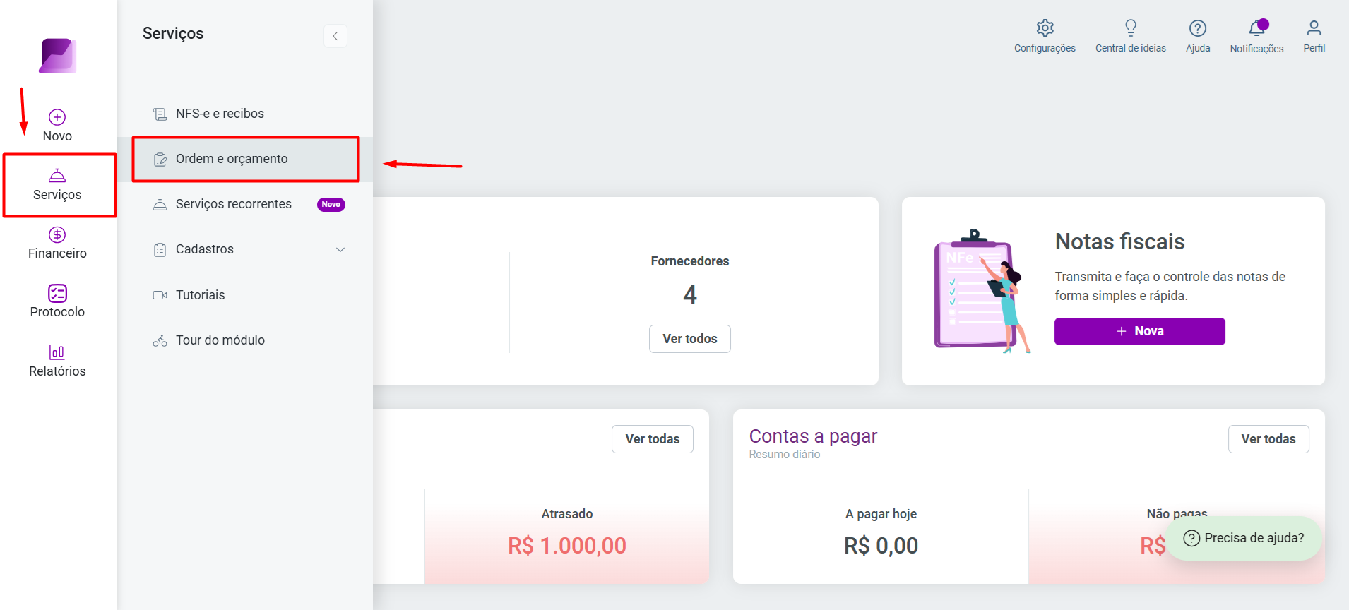 Tela do menu 'Serviços', destacando a opção 'Ordem e orçamento' para acesso ao módulo.