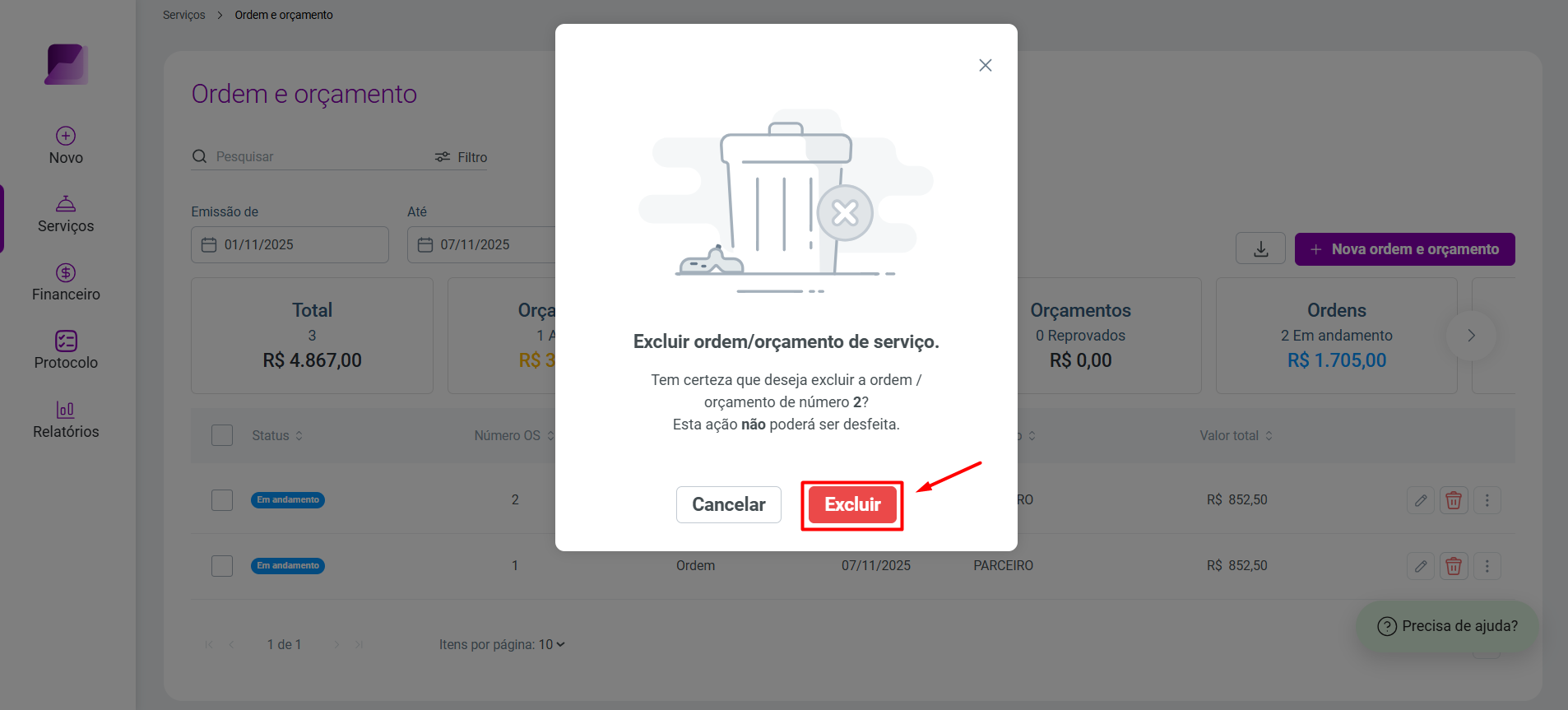 Modal de confirmação 'Excluir ordem/orçamento de serviço', destacando o botão 'Excluir'.