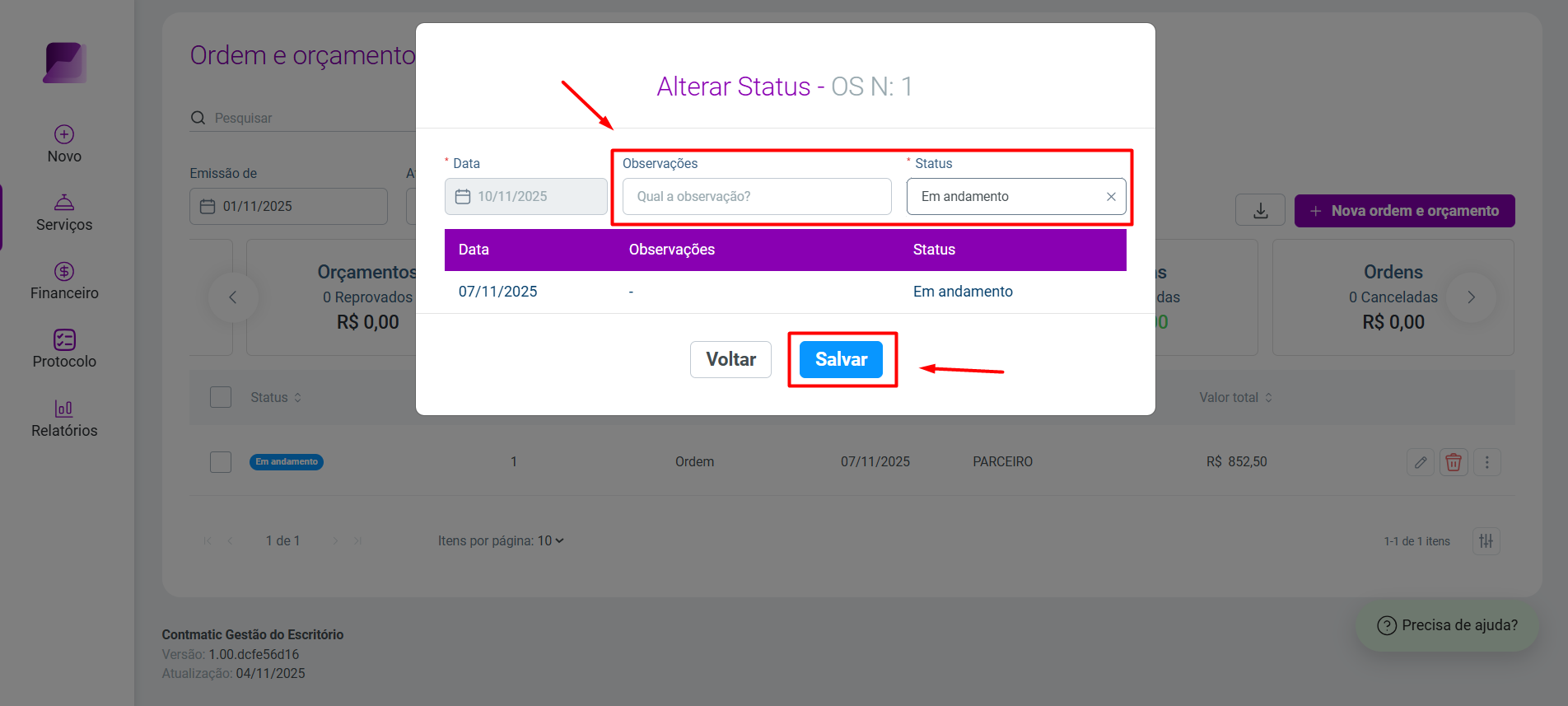 Modal 'Alterar Status', destacando os campos para nova data, observação, status e o botão 'Salvar'.