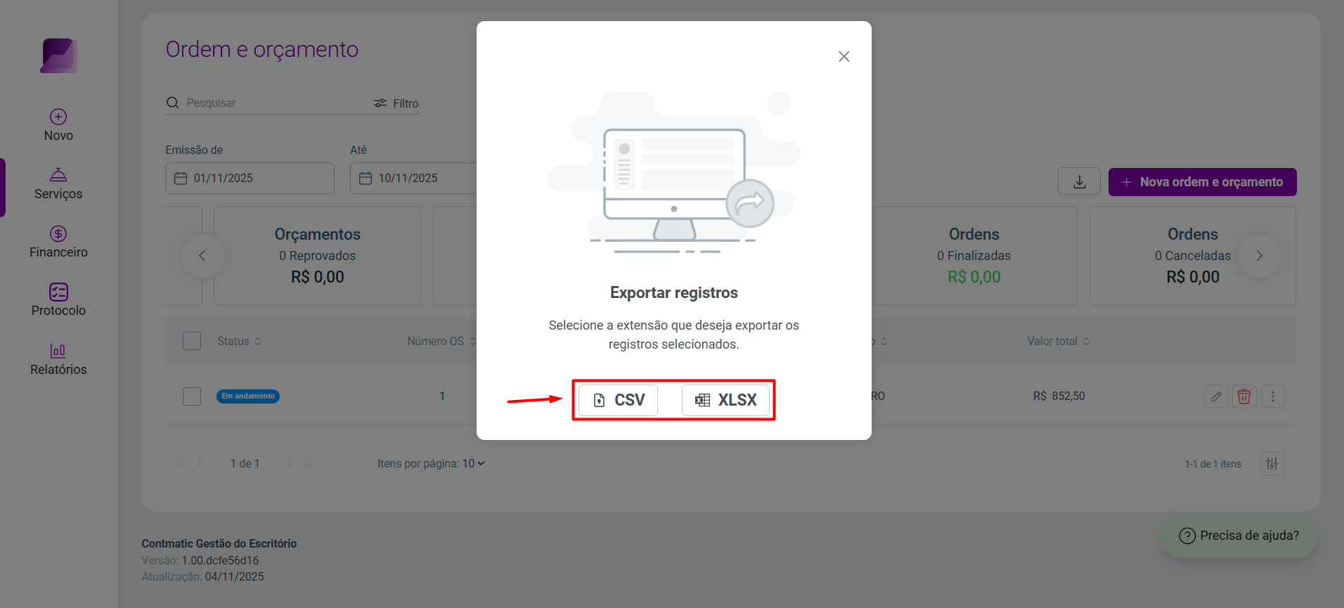 Modal 'Exportar registros', destacando as opções de formato de arquivo 'CSV' e 'XLSX'.