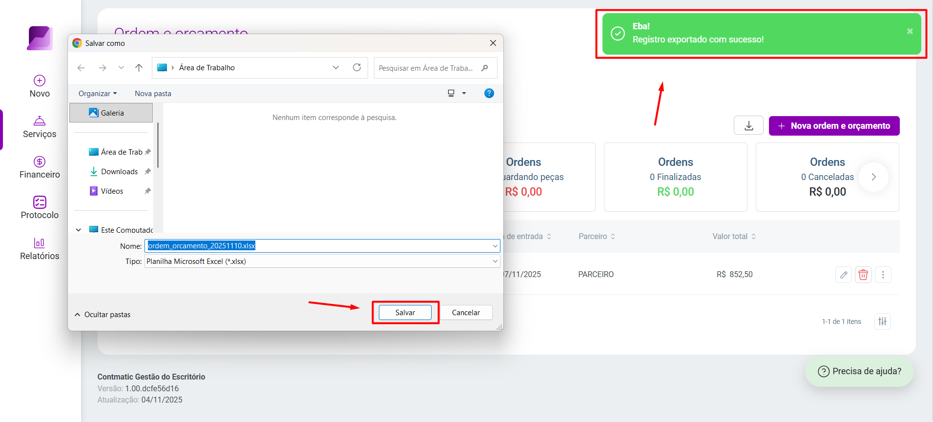 Janela 'Salvar como' para exportar arquivo, com botão 'Salvar' e notificação de sucesso destacadas.