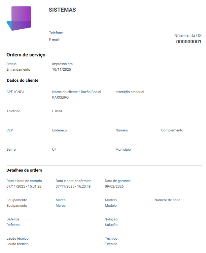 Modelo de impressão da Ordem de Serviço, detalhando dados do cliente, status e informações da OS.