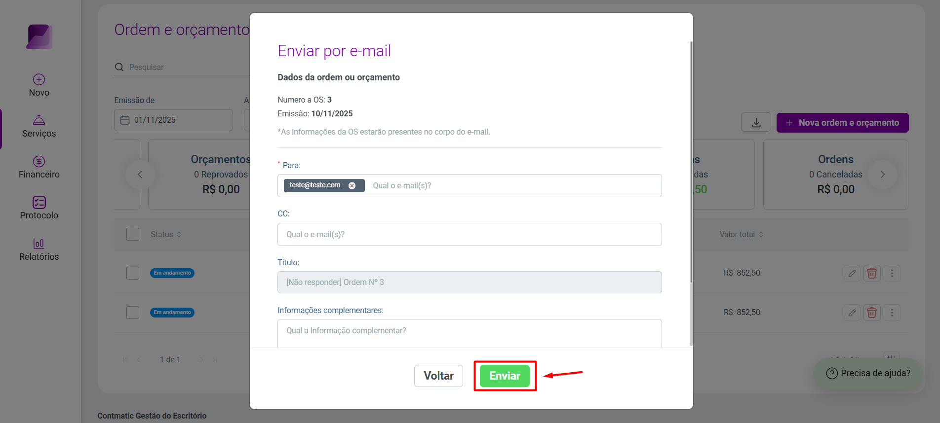 Modal 'Enviar por e-mail' exibindo campos para destinatário e mensagem, com o botão 'Enviar' destacado.