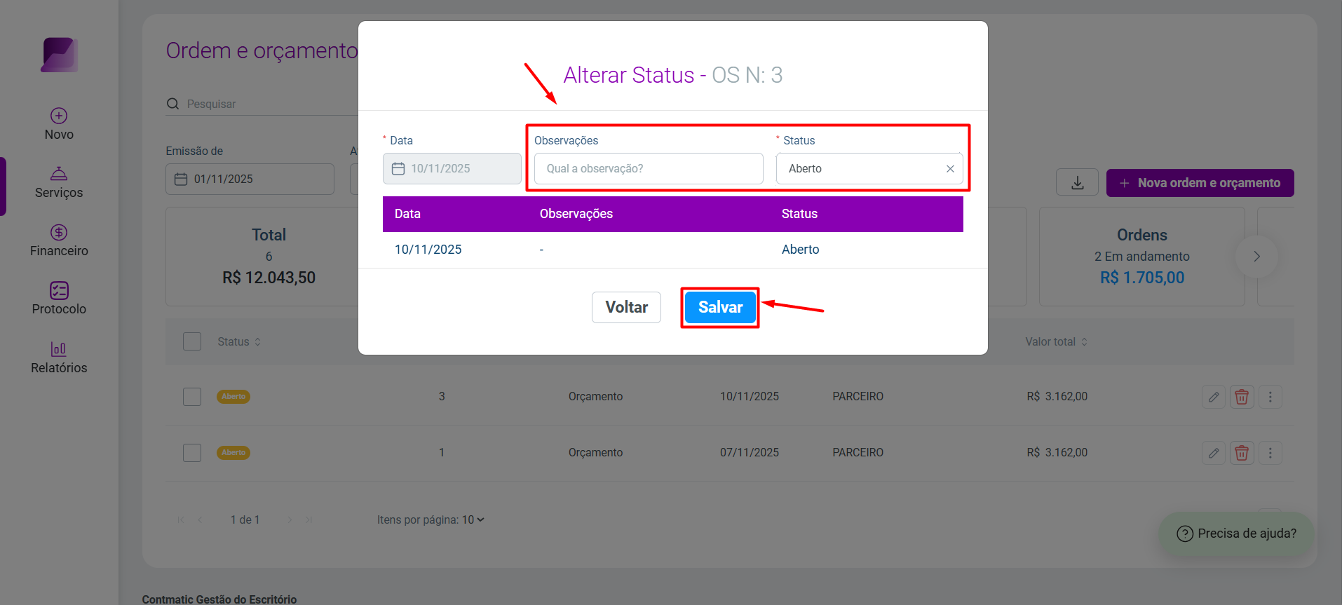 Modal 'Alterar Status', destacando os campos para nova data, observação, status e o botão 'Salvar'.