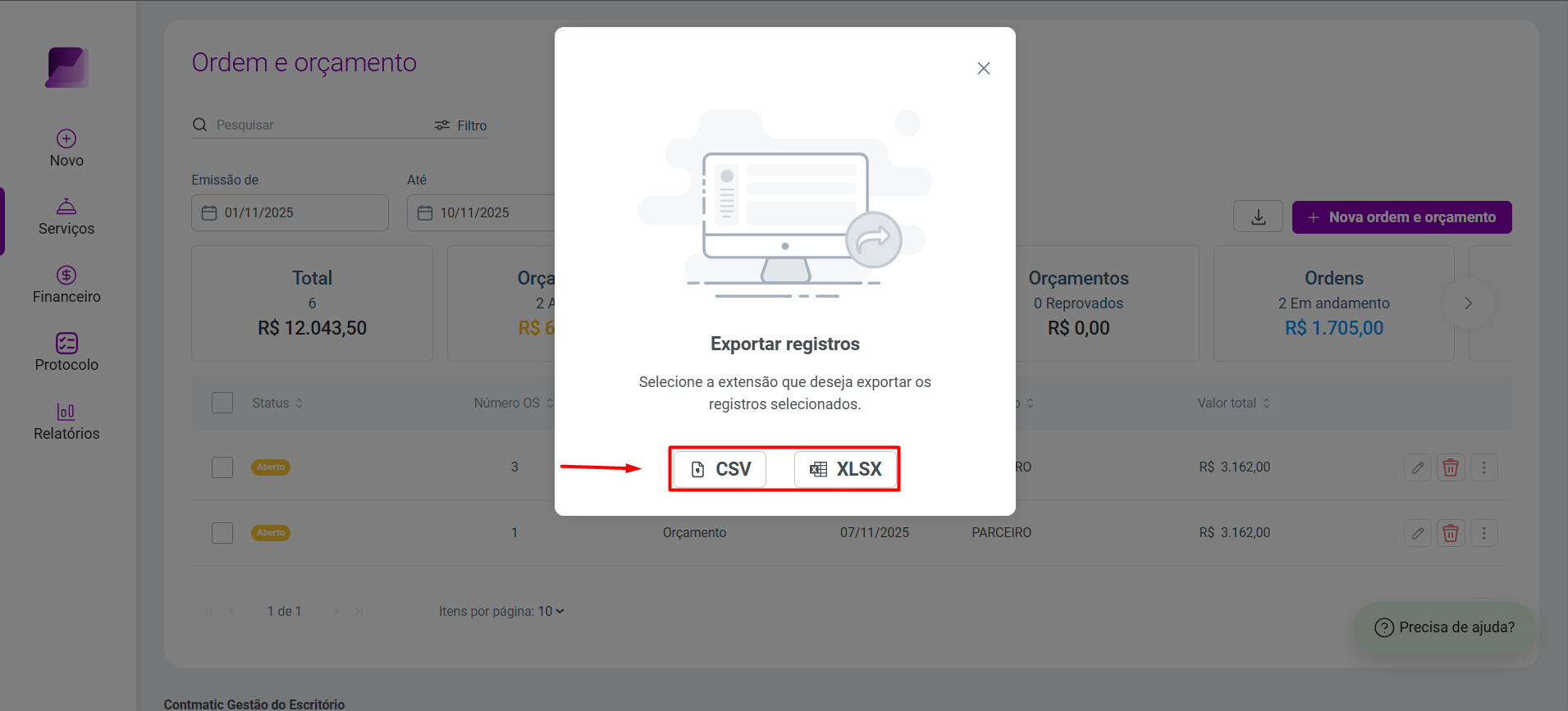 Modal 'Exportar registros', destacando as opções de formato de arquivo 'CSV' e 'XLSX'.