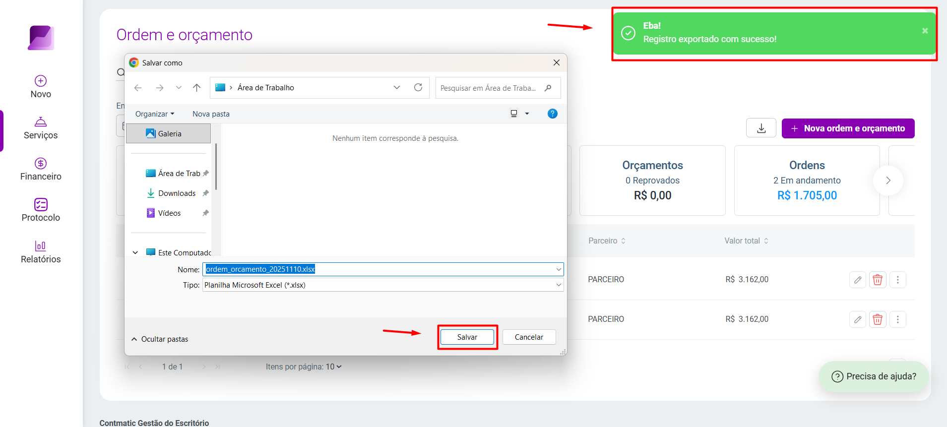 Janela 'Salvar como' para exportar arquivo, com botão 'Salvar' e notificação de sucesso destacadas.