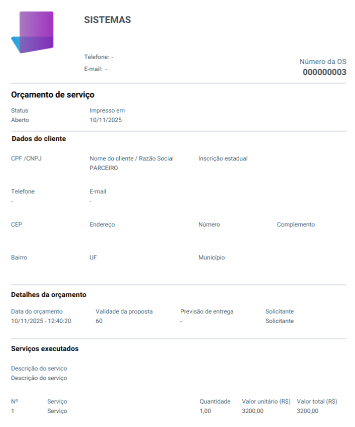 Modelo de impressão do Orçamento de Serviço, detalhando dados do cliente, status e informações.