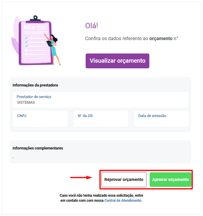 Tela de visualização de orçamento para o cliente, destacando as opções 'Aprovar orçamento' e 'Reprovar orçamento'.