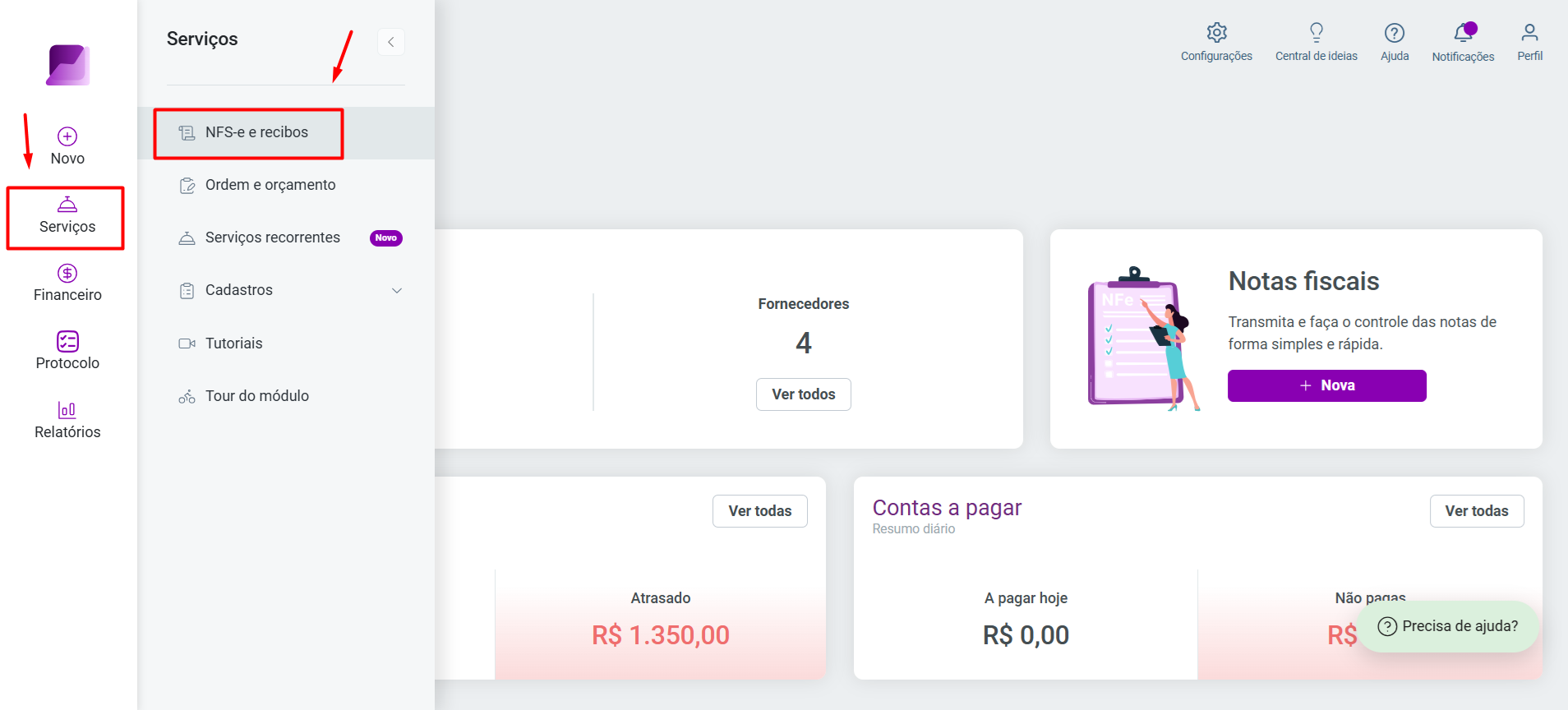 Tela principal do módulo 'Serviços', destacando o menu lateral 'Serviços' e a opção 'NFS-e e recibos'.