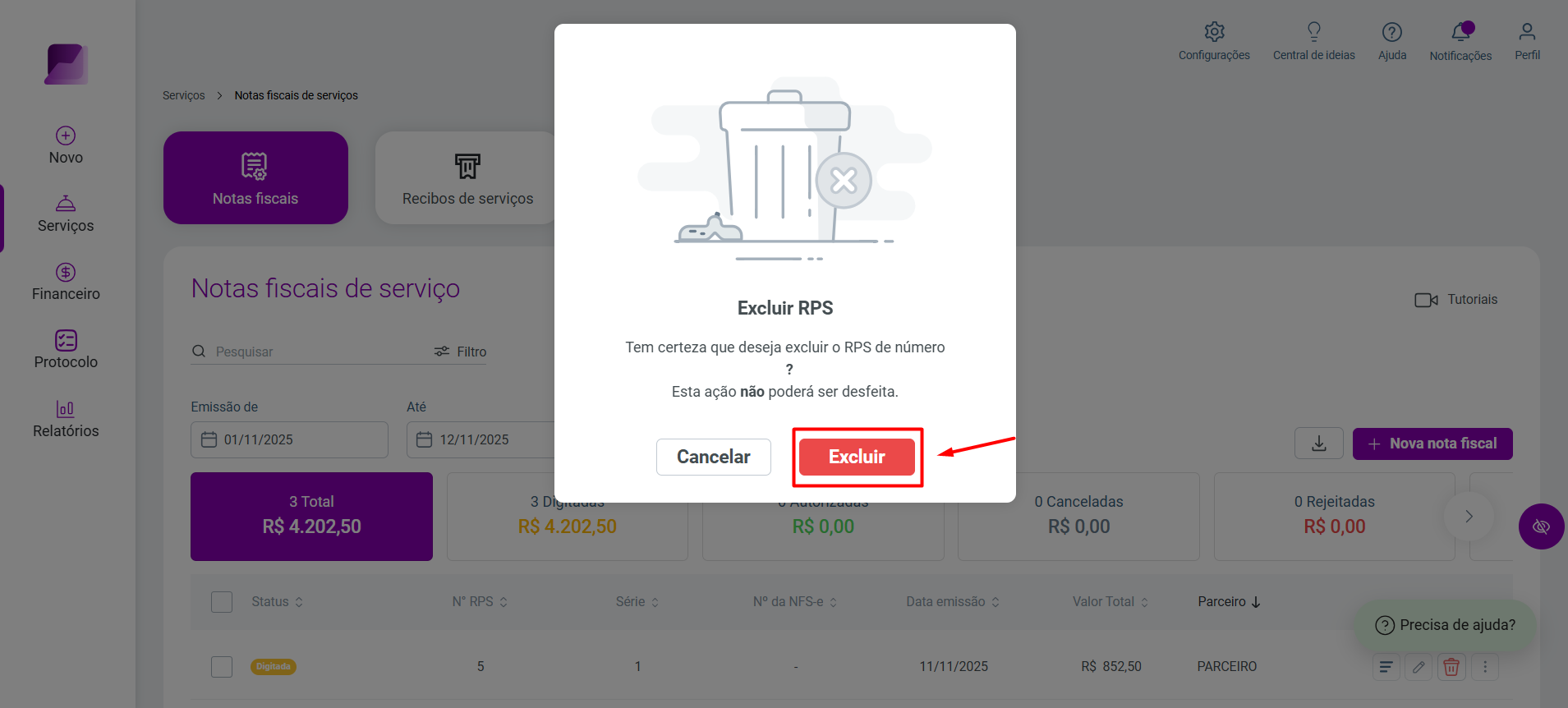 Modal de confirmação 'Excluir RPS', com a mensagem de alerta e o botão de ação 'Excluir' destacado.