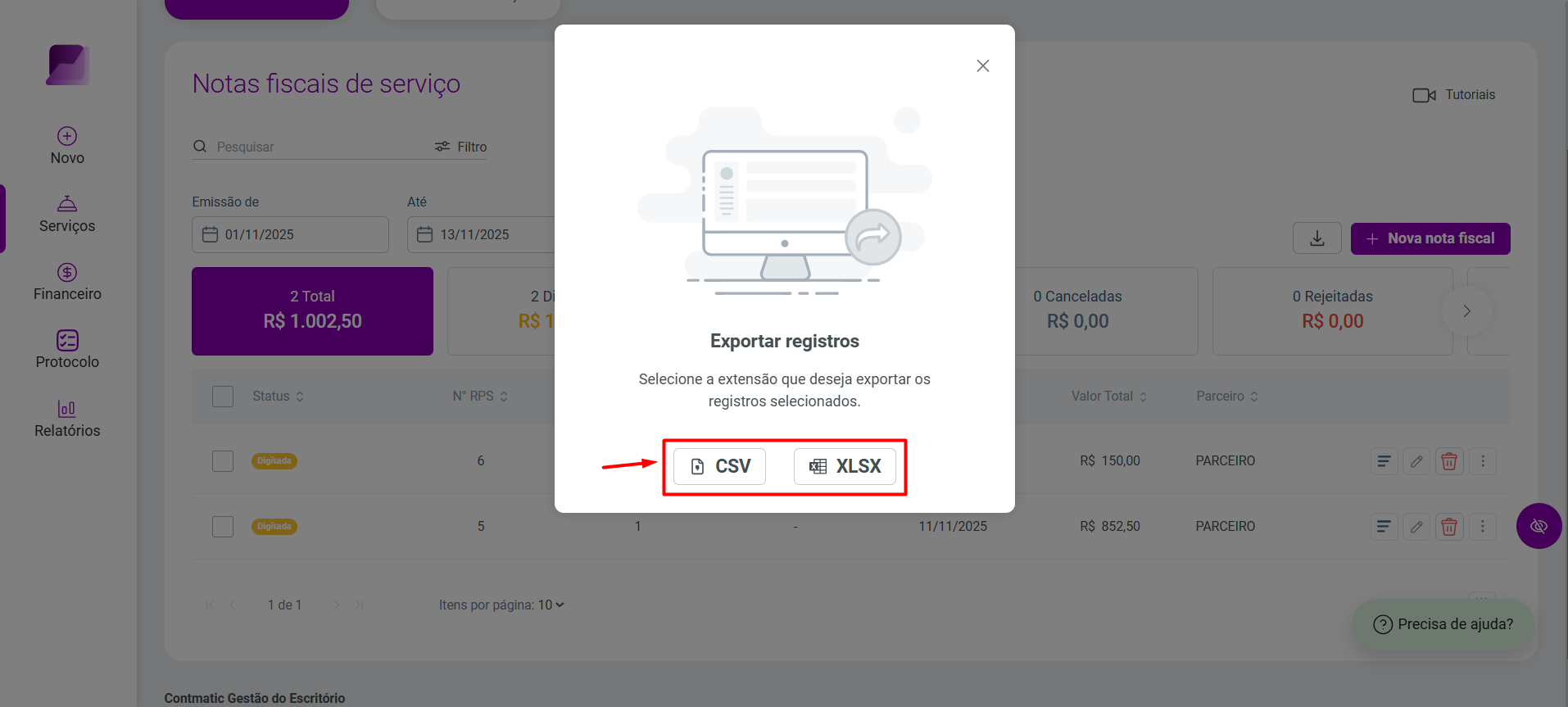 Modal 'Exportar registros' na tela de Notas fiscais de serviço, com destaque para as opções de formato 'CSV' e 'XLSX'.