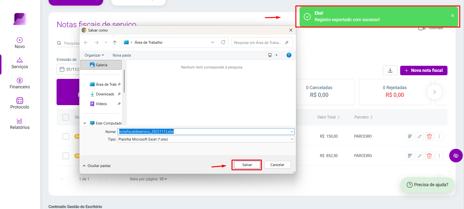 Tela 'Salvar como' para exportar a nota fiscal, destacando o botão 'Salvar' e a mensagem de sucesso 'Registro exportado com sucesso!'.