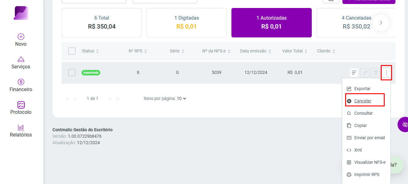 Tela de Notas fiscais de serviço destacando o menu de opções de uma nota autorizada e a opção 'Cancelar'.
