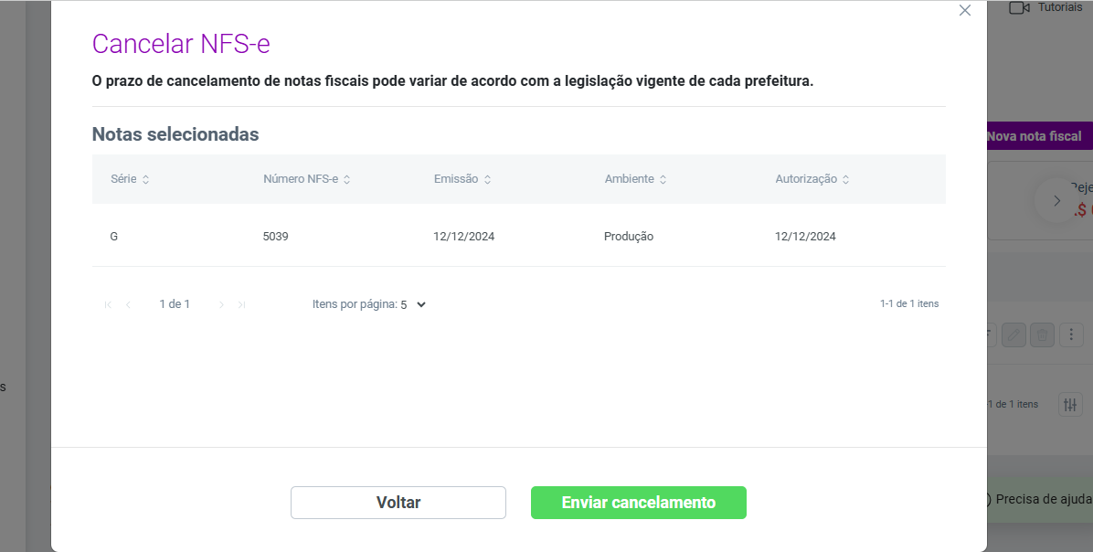 Modal 'Cancelar NFS-e' exibindo os dados da nota selecionada e destacando o botão 'Enviar cancelamento'.