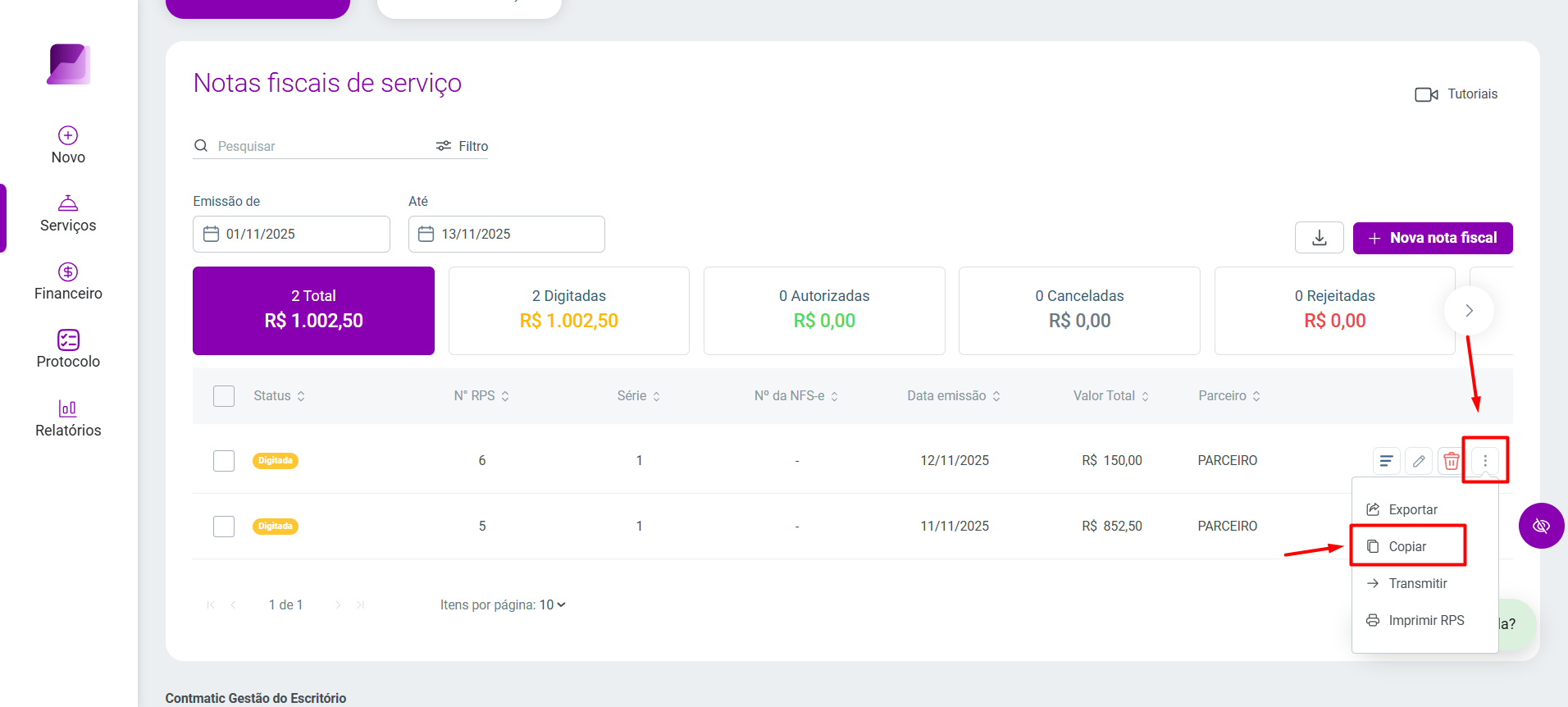 Tela de Notas fiscais de serviço destacando o menu de opções de uma nota digitada e a opção 'Copiar'.