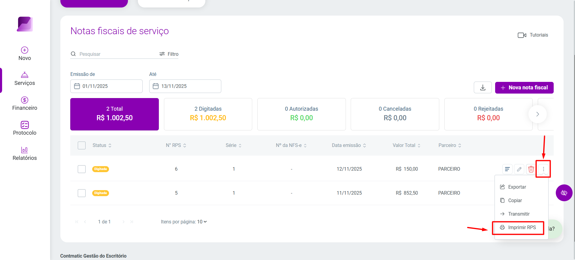 Menu de opções de uma nota fiscal com status 'Digitada', destacando a ação 'Imprimir RPS'.