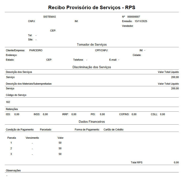 Modelo de documento 'Recibo Provisório de Serviços - RPS' exibindo os dados da prestação do serviço e os valores.