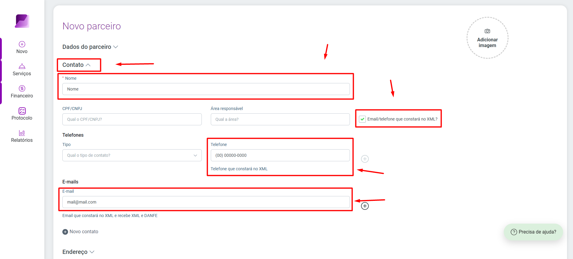 Tela de cadastro 'Novo parceiro', seção 'Contato' expandida, com campos de nome, telefone e e-mail destacados.