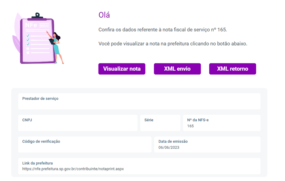 Tela de confirmação da NFS-e, com dados da nota, link da prefeitura e os botões 'Visualizar nota', 'XML envio' e 'XML retorno'.