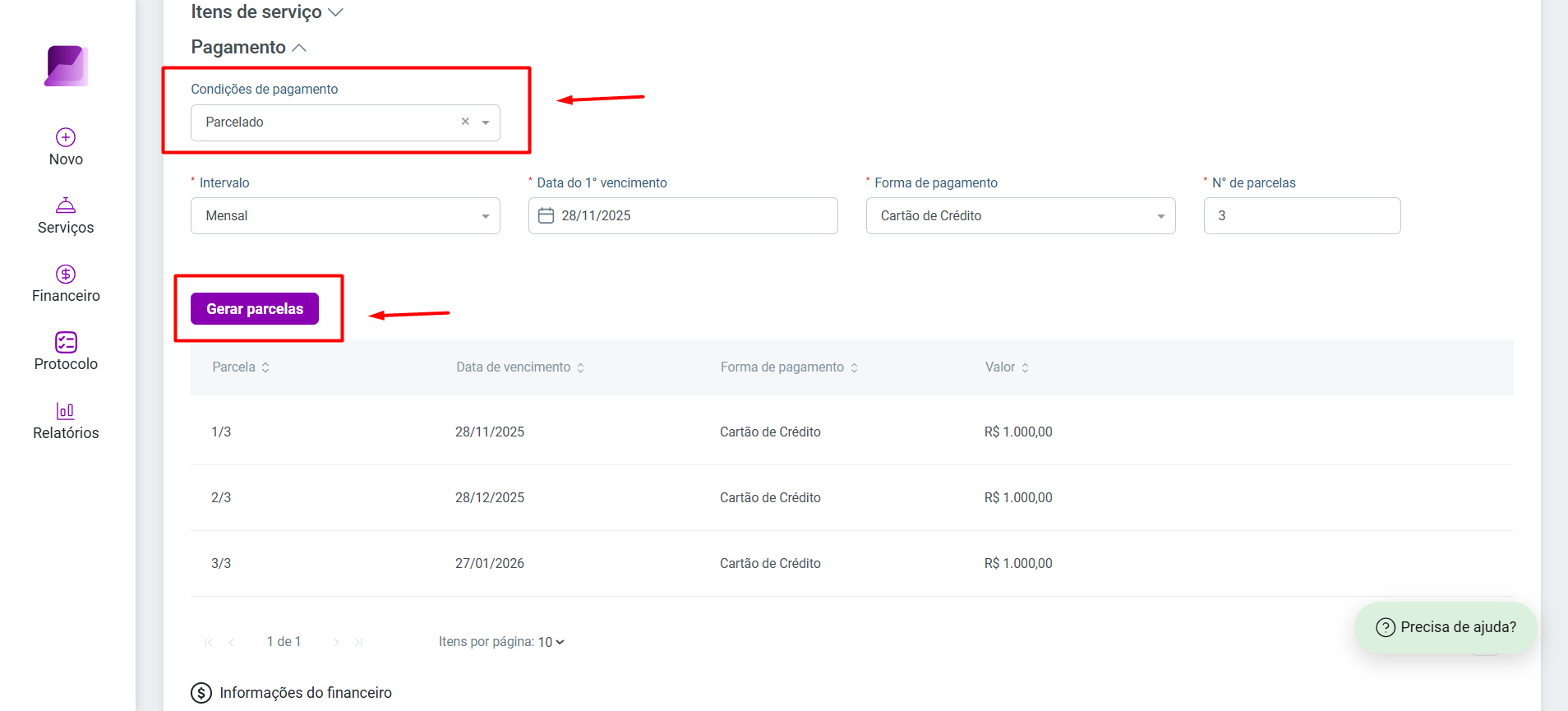 Configuração de pagamento parcelado, destacando a seleção da condição e o botão 'Gerar parcelas'.