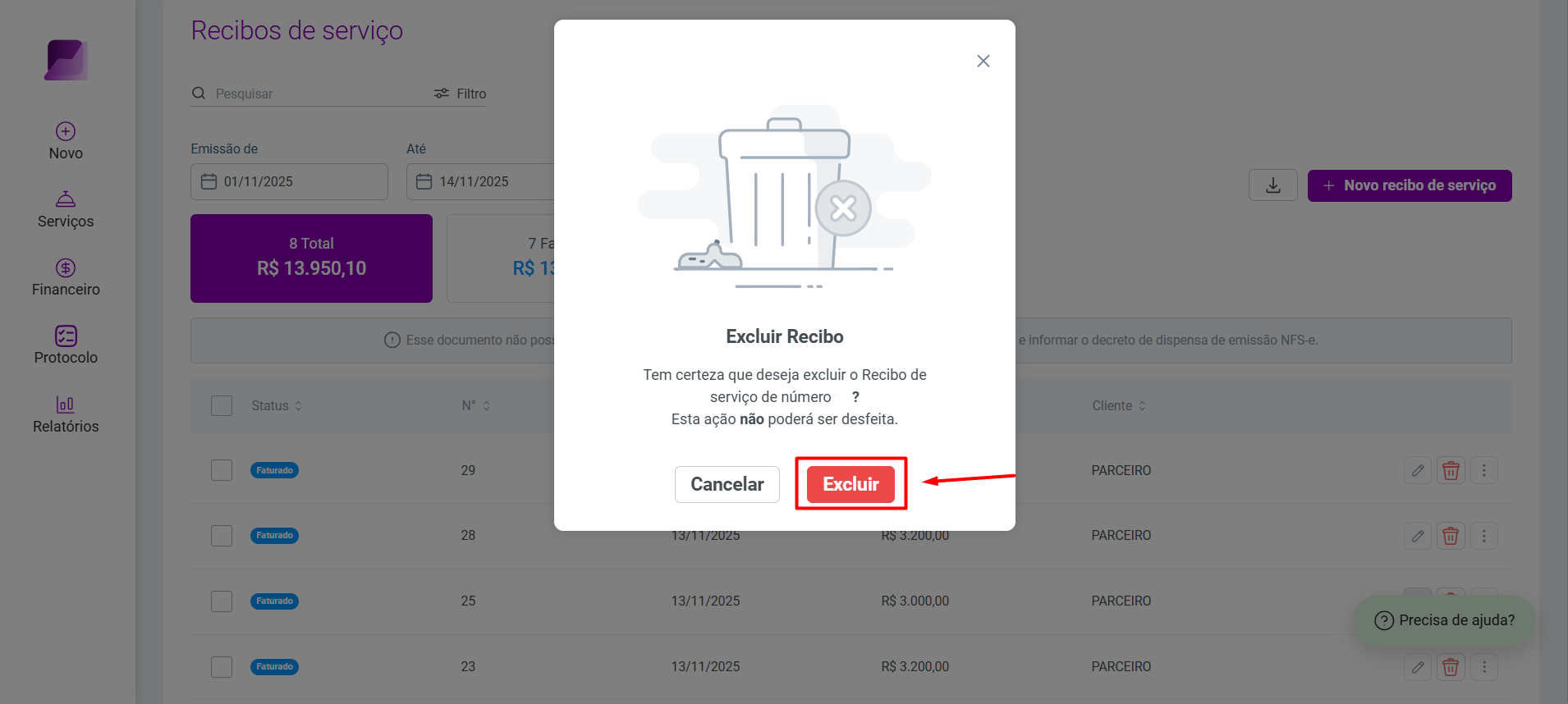 Modal 'Excluir Recibo' com o botão 'Excluir' destacado, confirmando a remoção do item.