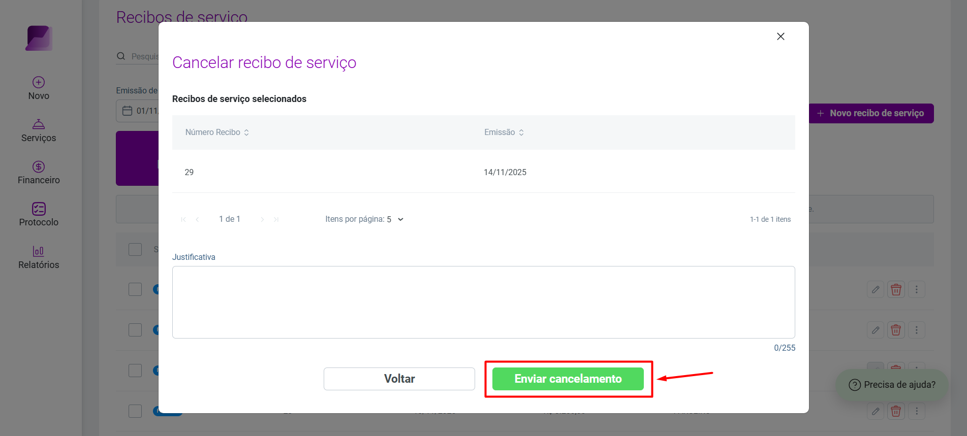 Modal 'Cancelar recibo de serviço', exibindo o recibo selecionado, um campo de justificativa e o botão 'Enviar cancelamento' destacado.