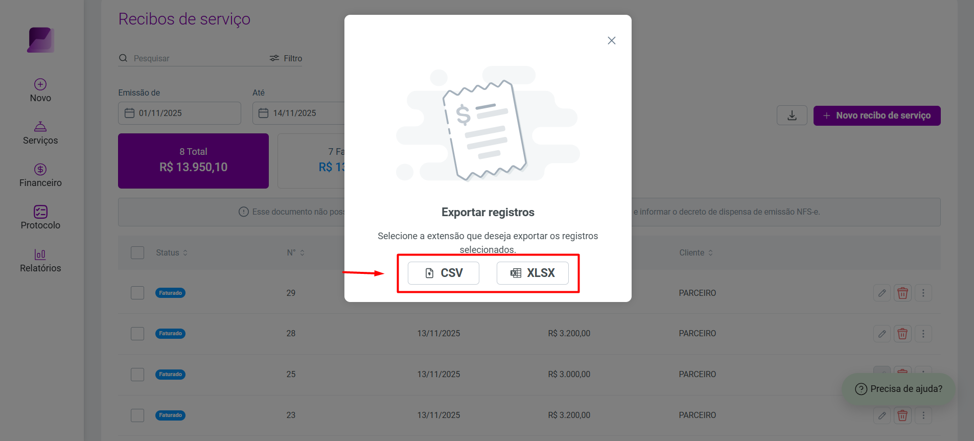 Modal 'Exportar registros' exibindo as opções de formato para exportação, com 'CSV' e 'XLSX' destacados.