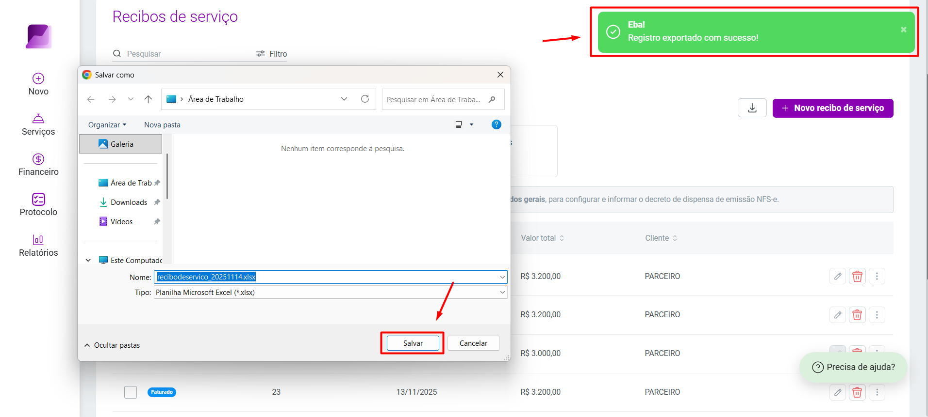 Janela 'Salvar como' sobreposta à tela Recibos de serviço, destacando o botão 'Salvar' e a notificação 'Registro exportado com sucesso!'.