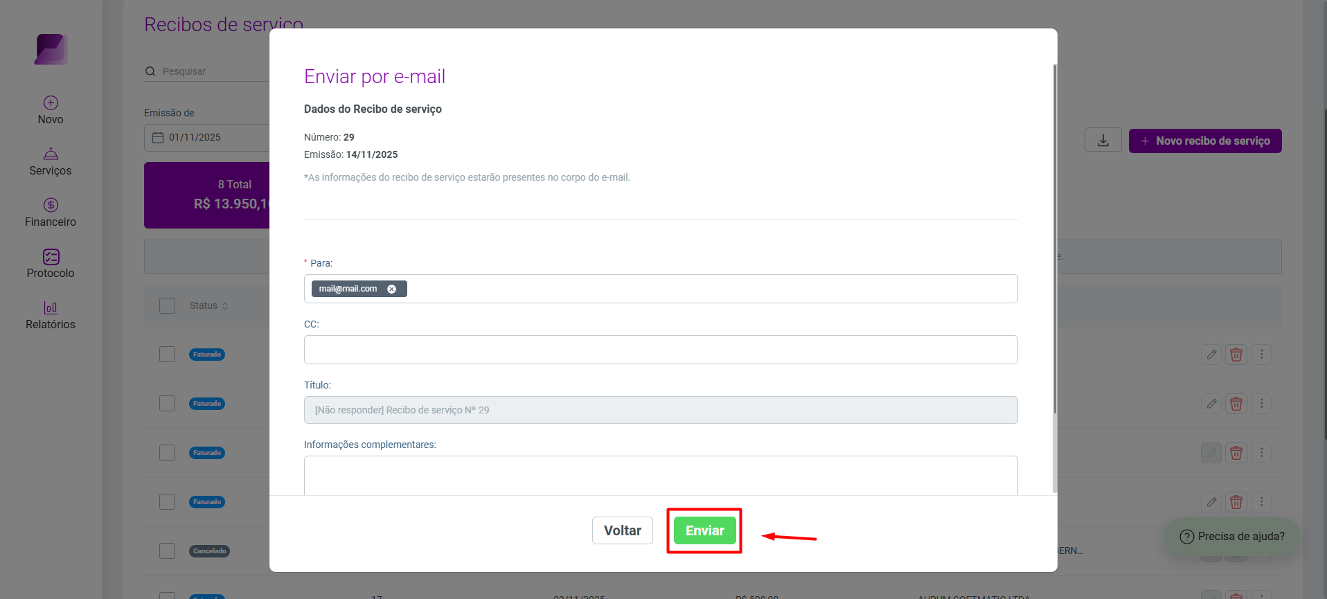 Modal 'Enviar por e-mail' sobreposta à tela de Recibos de serviço, exibindo os campos de envio e o botão 'Enviar' destacado.