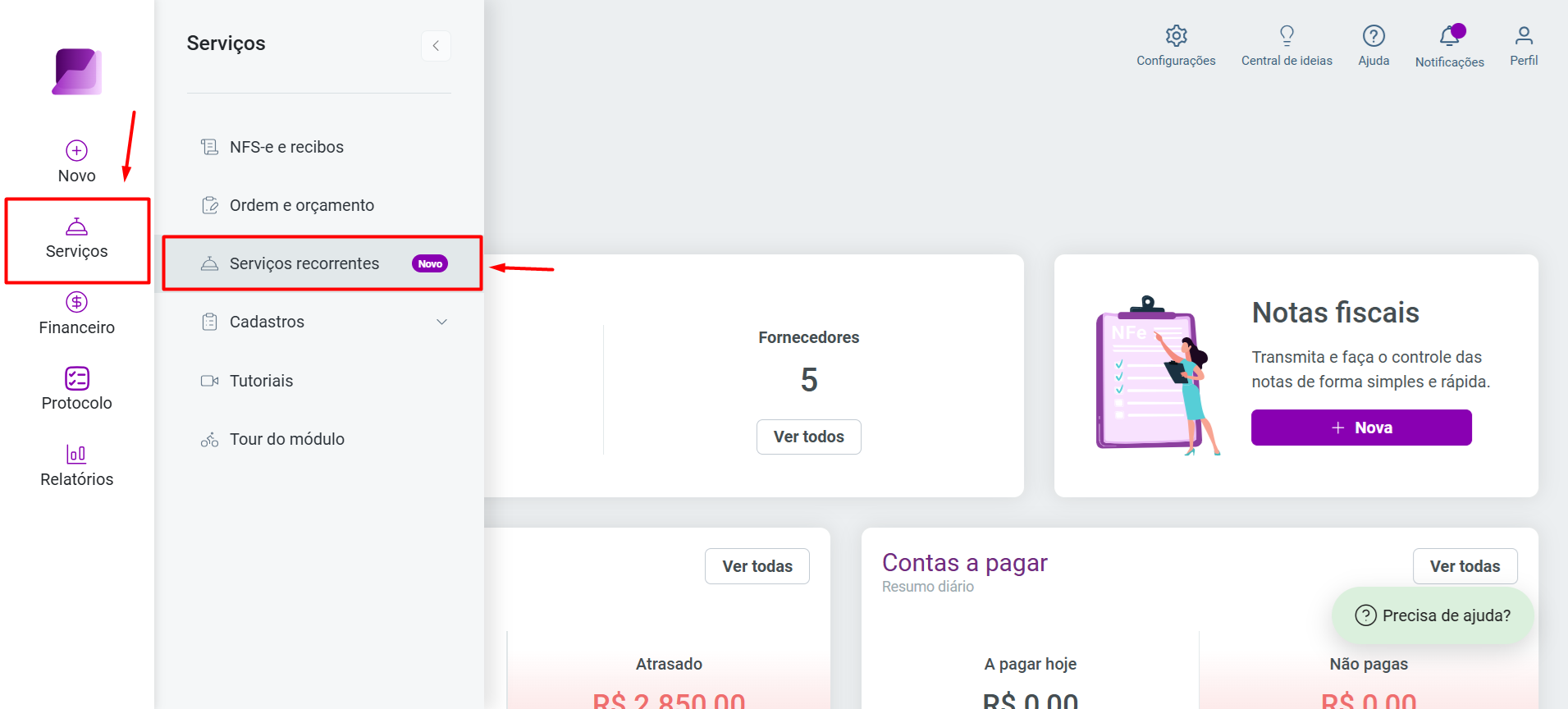 Menu de navegação indicando o caminho para 'Serviços' e, em seguida, para a funcionalidade 'Serviços recorrentes'.