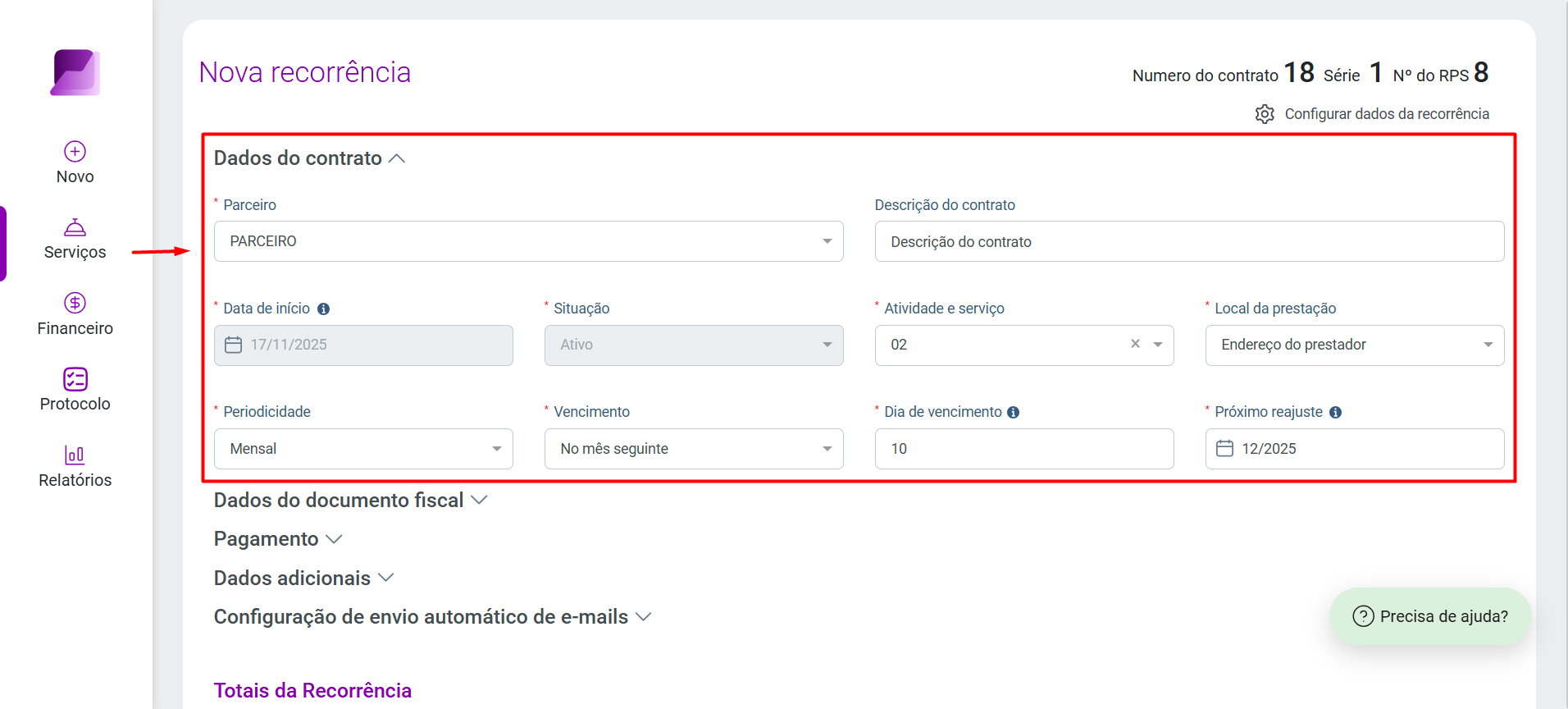 Tela 'Nova recorrência'. Seção 'Dados do contrato' com campos obrigatórios como Parceiro, Data de início, Periodicidade, Vencimento e Próximo reajuste.