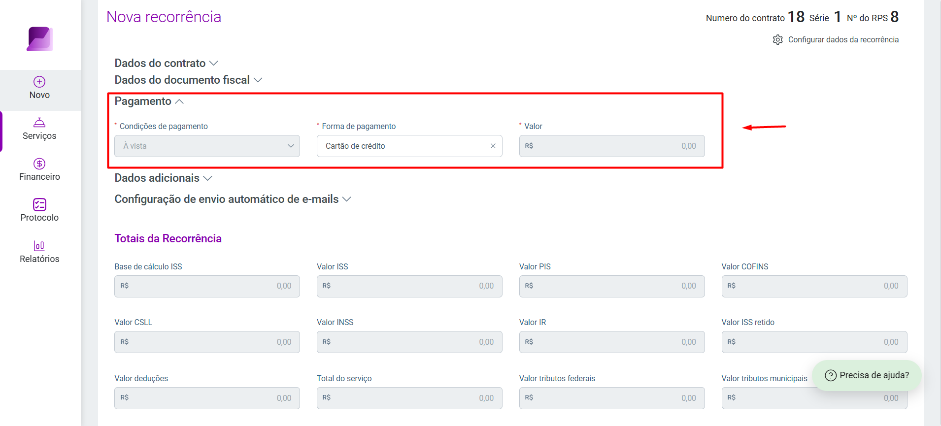 Tela 'Nova recorrência'. Destaque para a seção 'Pagamento', que exige preenchimento das Condições de pagamento, Forma de pagamento e o Valor.