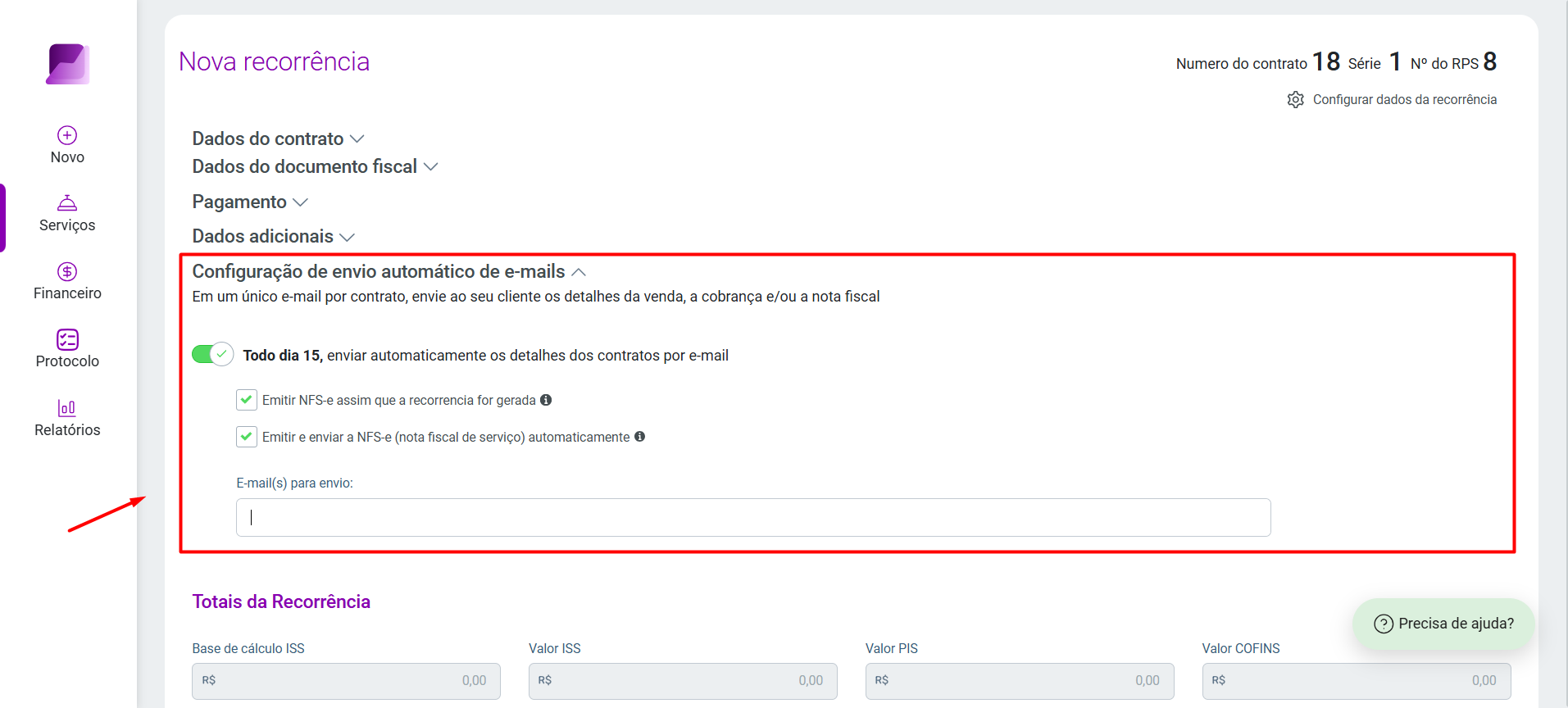 Tela 'Nova recorrência'. Seção 'Configuração de envio automático de e-mails' que habilita o envio automático dos detalhes de cobrança e NFS-e.