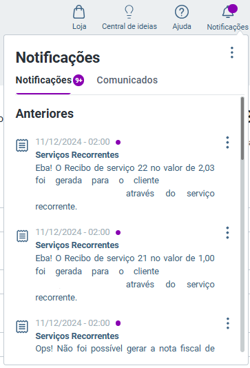 Painel 'Notificações' exibindo um feed de alertas sobre a geração bem-sucedida ou falha na emissão de Recibos/Notas fiscais de serviços recorrentes.