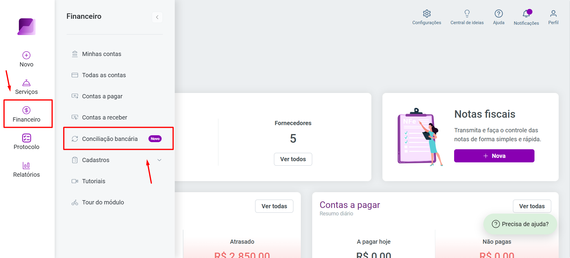 Menu de navegação indicando o caminho para 'Financeiro' e, em seguida, para a funcionalidade 'Conciliação bancária'.