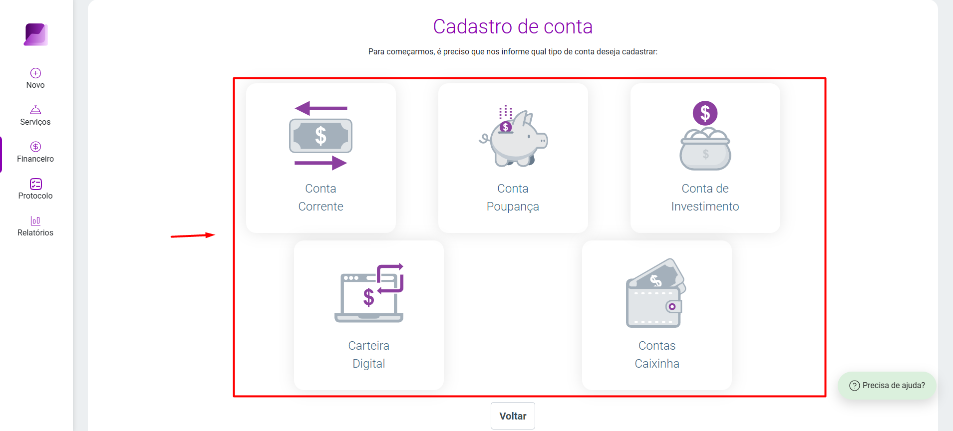 Tela de 'Cadastro de conta' onde o usuário deve escolher o tipo de conta: 'Corrente', 'Poupança', 'Investimento', 'Carteira digital' ou 'Contas caixinha'.