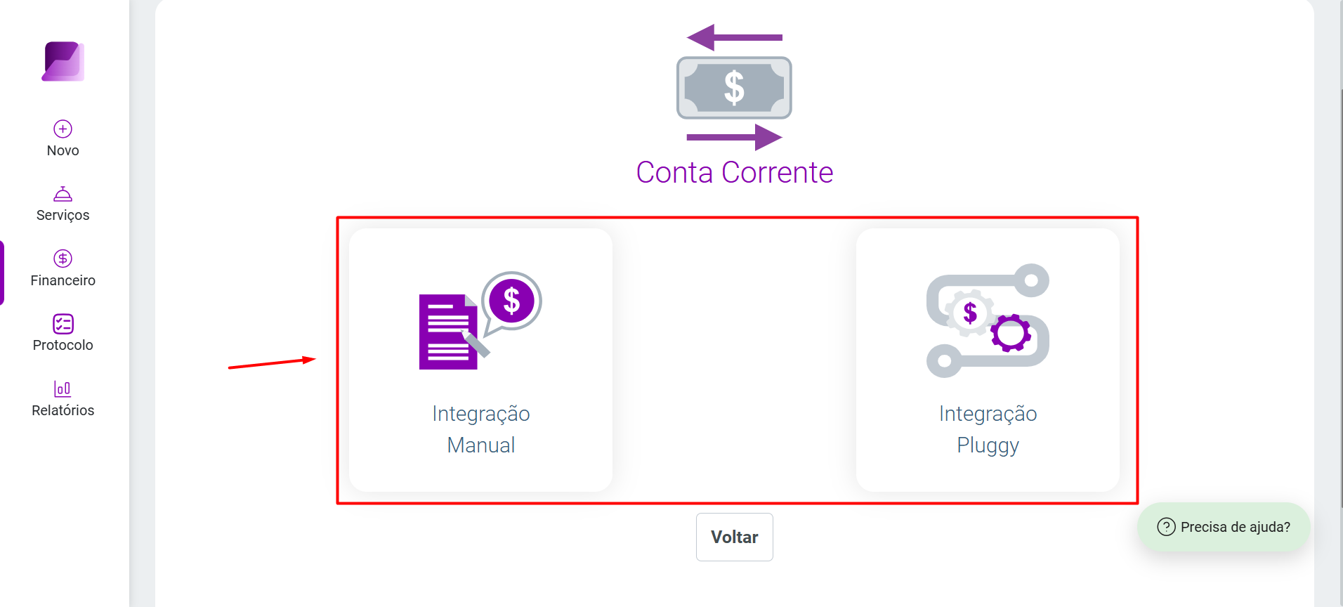 Tela de 'Conta Corrente' com opções de 'Integração manual' e 'Integração Pluggy' destacadas para escolha do método de cadastro da conta.