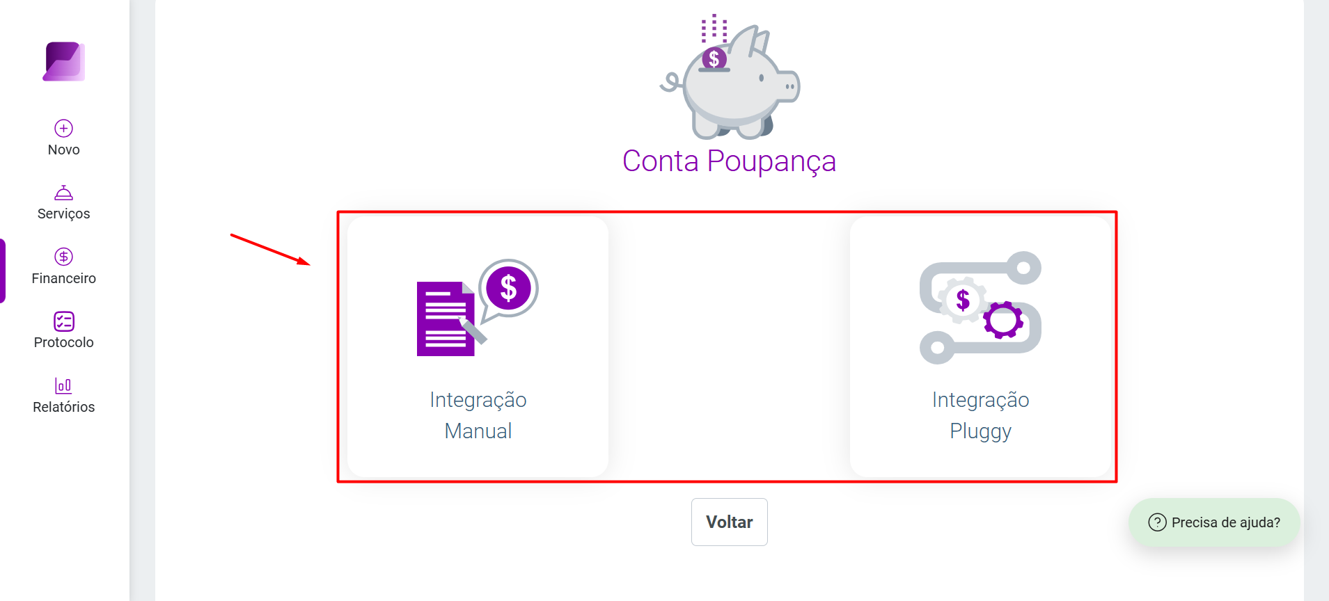 Tela de 'Conta poupança' com opções de 'Integração manual' e 'Integração Pluggy' destacadas para escolha do método de cadastro da conta.
