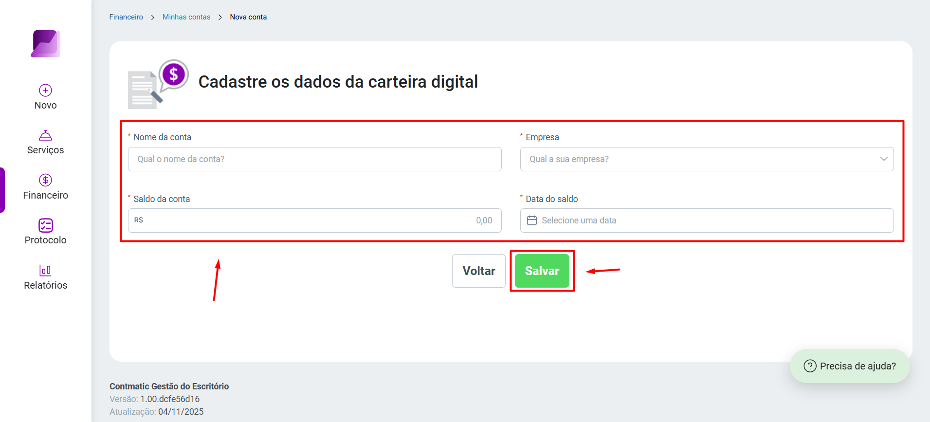 Formulário 'Cadastre os dados da carteira digital' com campos para Nome, Empresa, Saldo, Data do saldo, e o botão 'Salvar' em destaque.