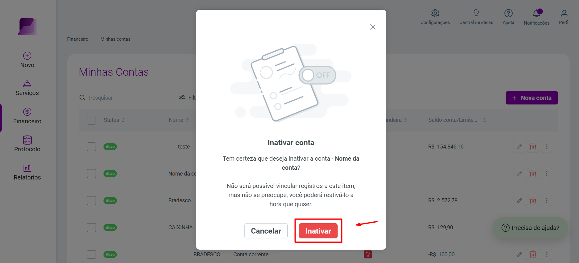 Modal de confirmação 'Inativar conta' com aviso sobre a impossibilidade de vincular registros e o botão 'Inativar' em destaque.