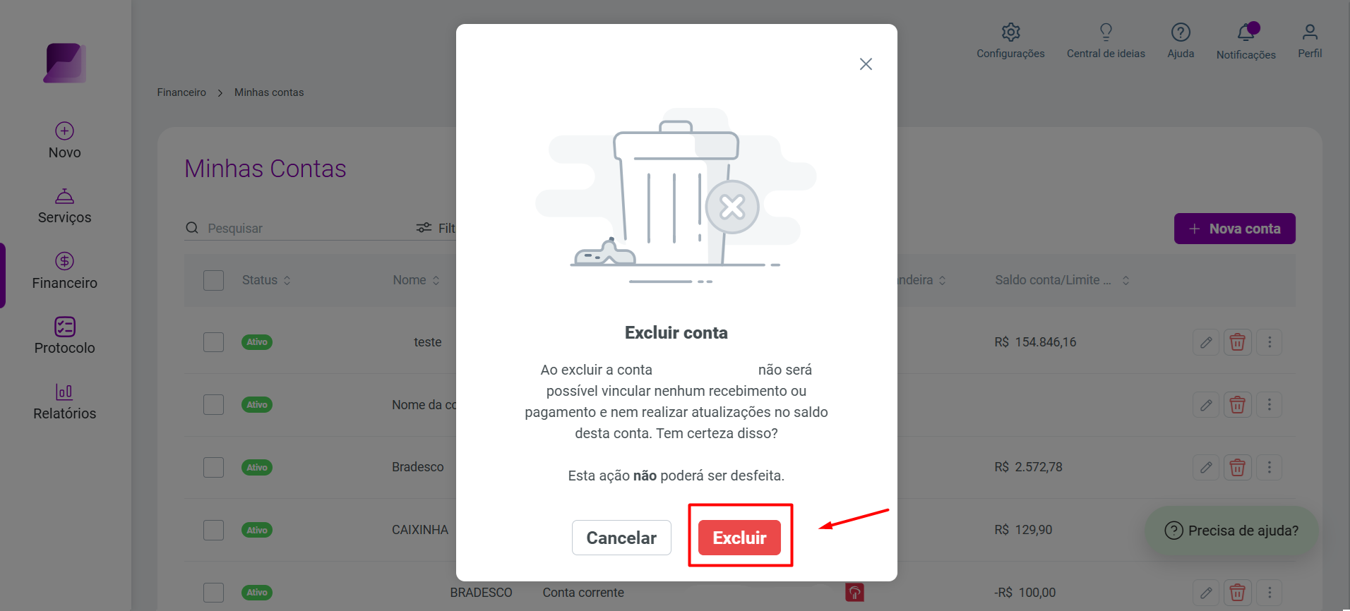 Modal de confirmação 'Excluir conta' com aviso sobre a impossibilidade de vincular lançamentos após a exclusão e o botão 'Excluir' em destaque.