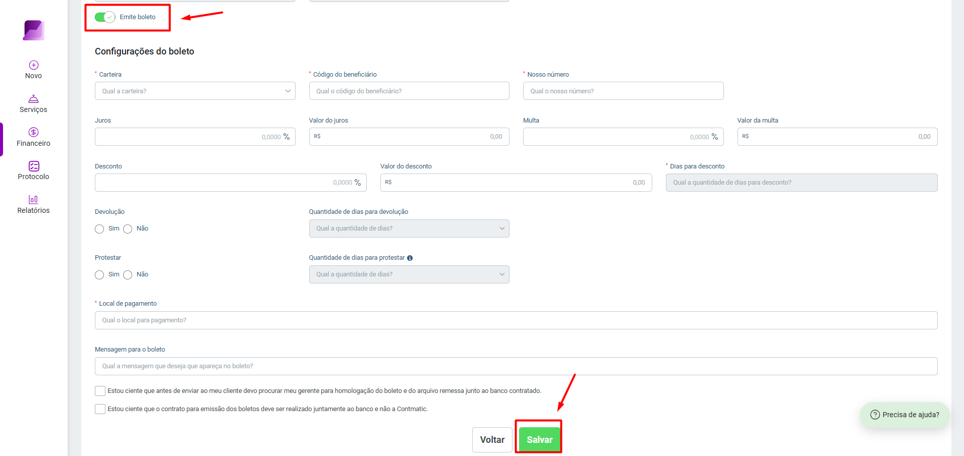 Configurações do boleto, com destaque para a flag 'Emite boleto' e o botão 'Salvar' ao final da tela, para registrar as configurações.