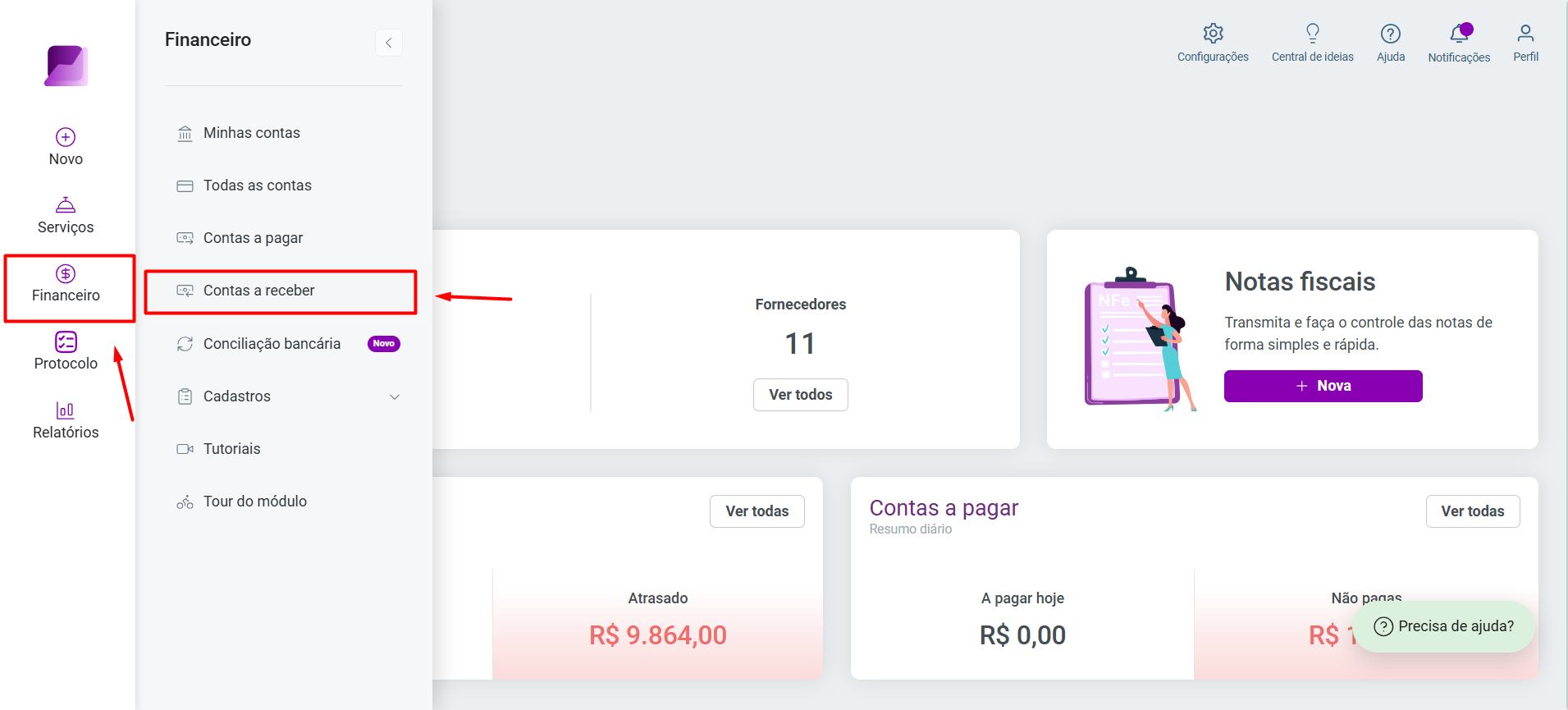 Tela inicial do módulo Financeiro, com destaque no menu lateral para a opção 'Financeiro' e, dentro dele, para 'Contas a receber'.