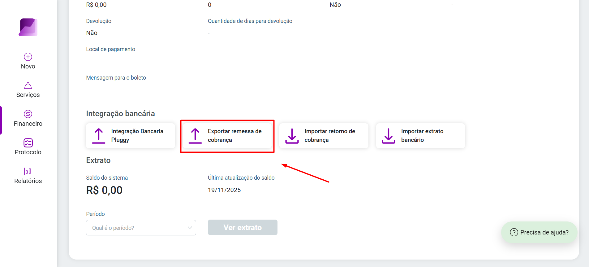 Área de Integração bancária, com destaque no botão 'Exportar remessa de cobrança', indicando a função de gerar arquivo para envio ao banco.