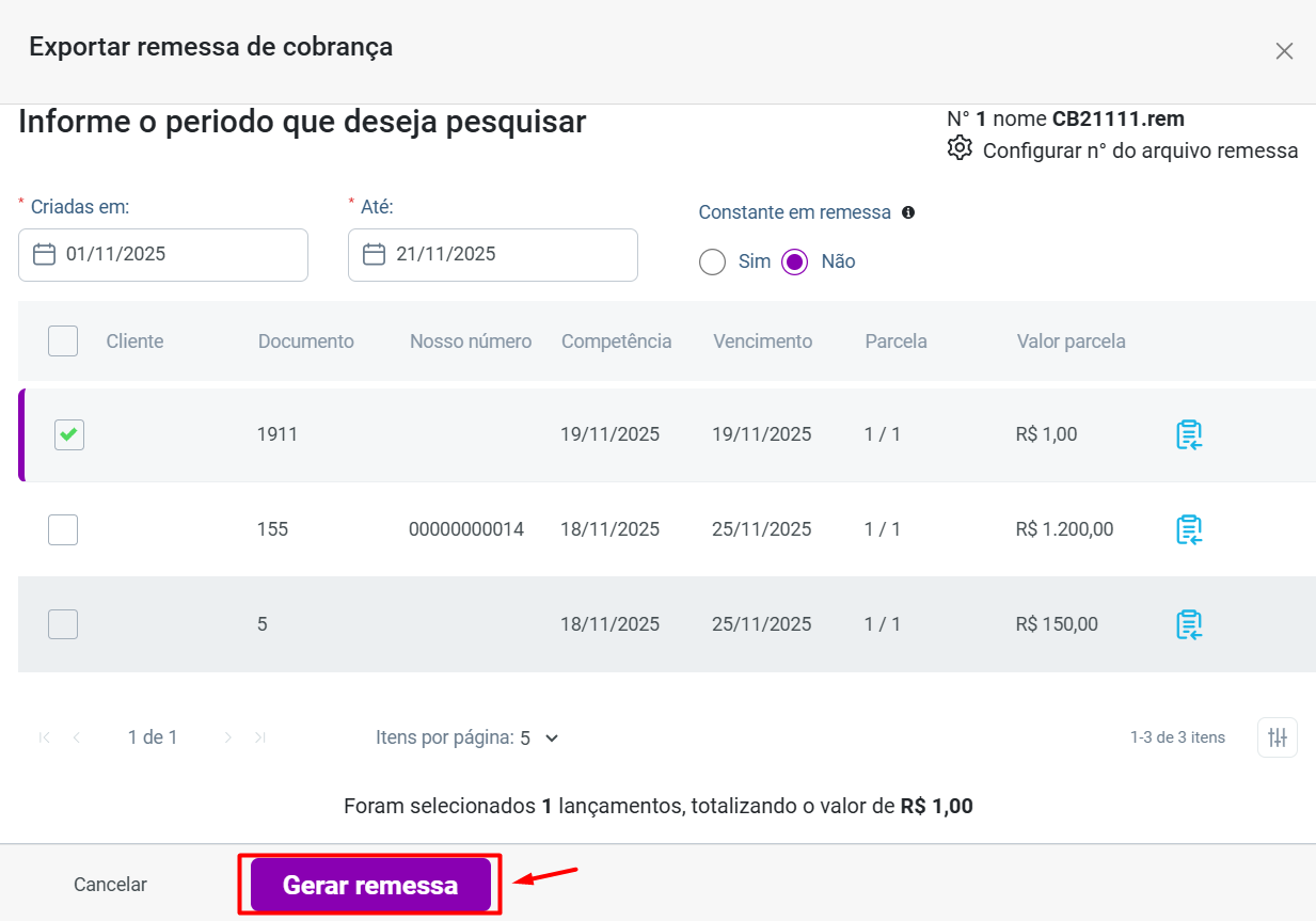 Modal 'Exportar remessa de cobrança' onde se informa o período, seleciona o lançamento e clica em 'Gerar remessa'.