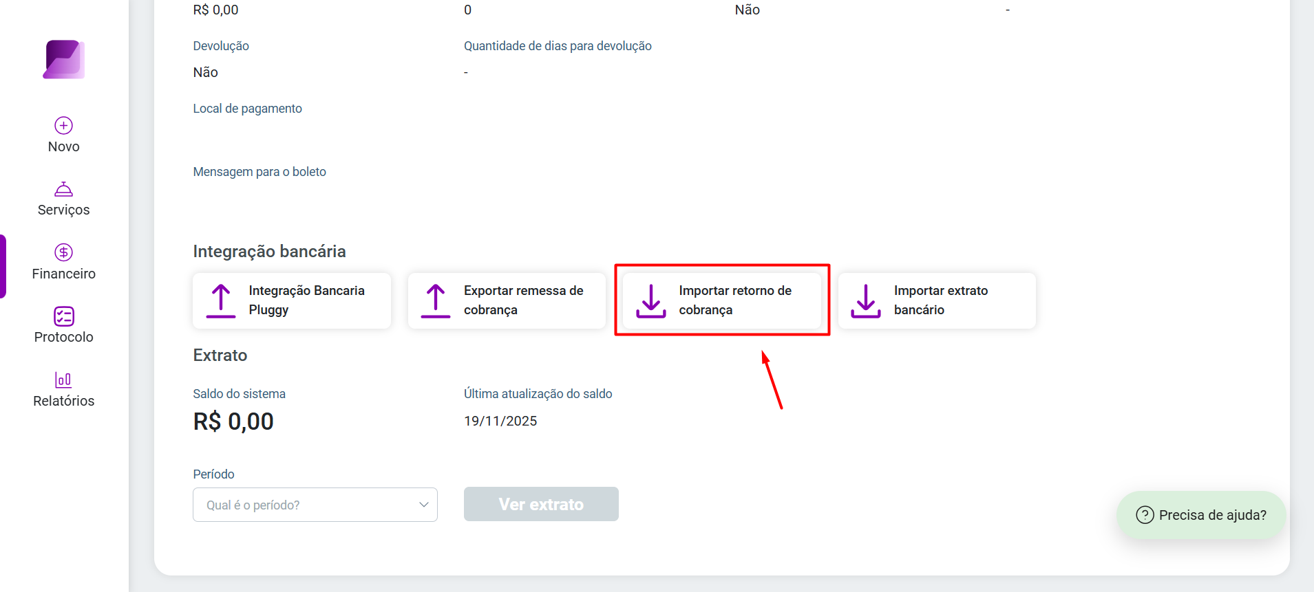 Área de Integração bancária, com destaque no botão 'Importar retorno de cobrança', indicando a função de processar arquivos de retorno do banco.