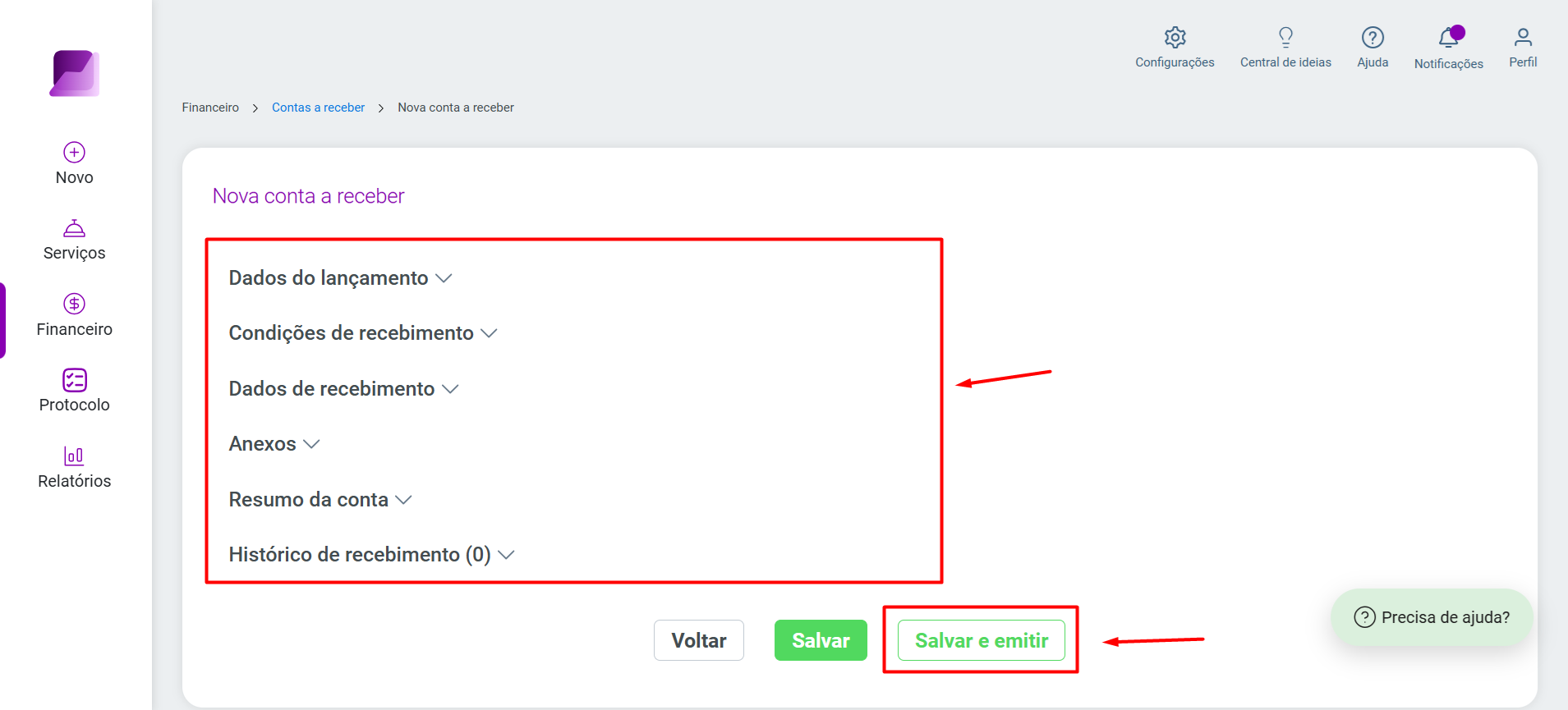 Tela de 'Nova conta a receber' com as seções de preenchimento ('Dados do lançamento', 'Condições de recebimento', etc.) e destaque no botão 'Salvar e emitir'.