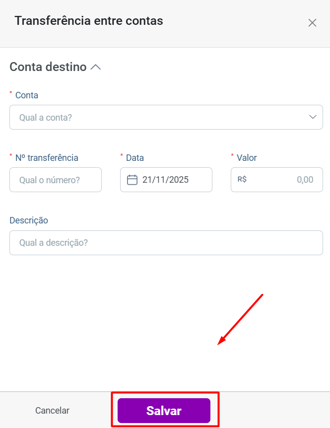 Janela modal 'Transferência entre contas' exibindo os campos de preenchimento e o botão roxo 'Salvar' destacado em vermelho.