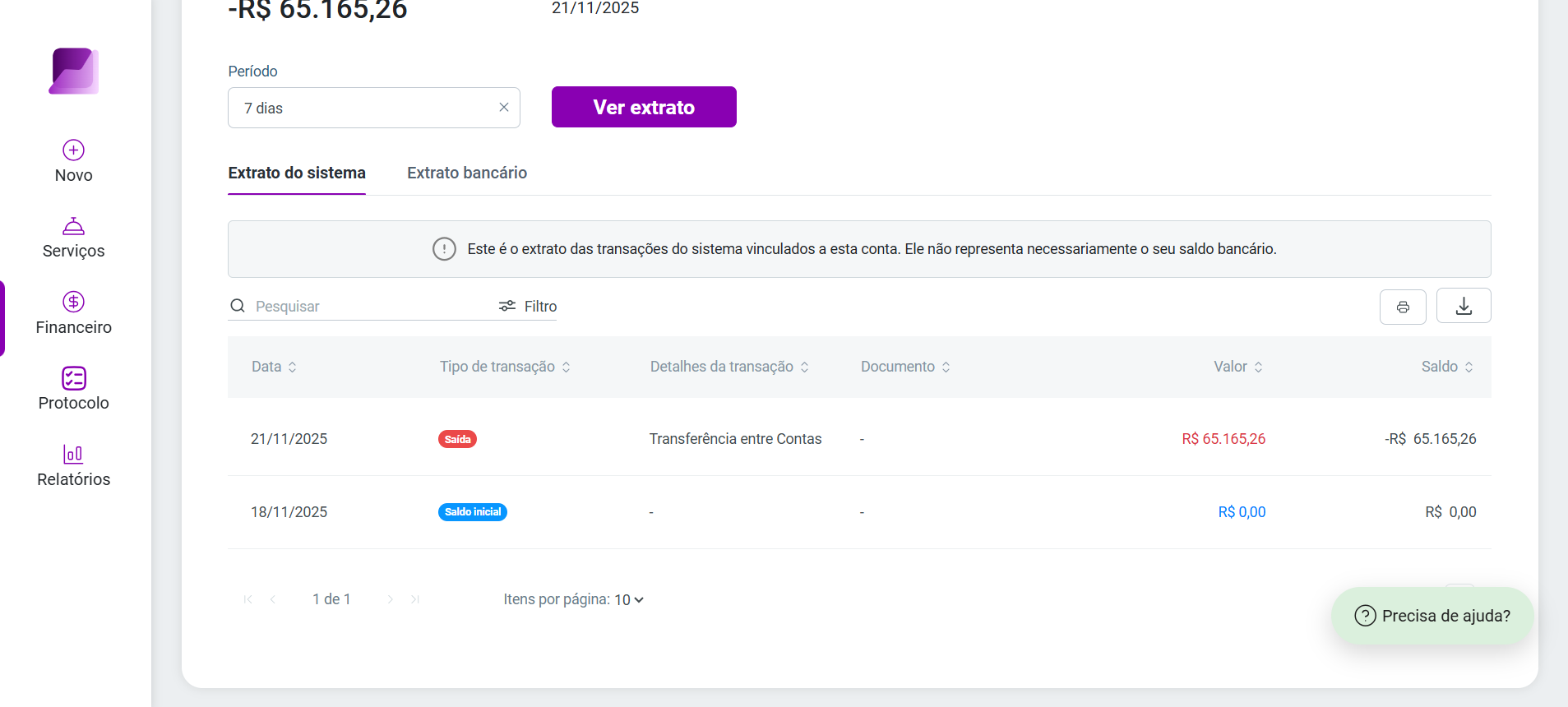 Tela de 'Extrato do sistema' listando a movimentação de saída referente à 'Transferência entre contas' com detalhamento de data e valor.