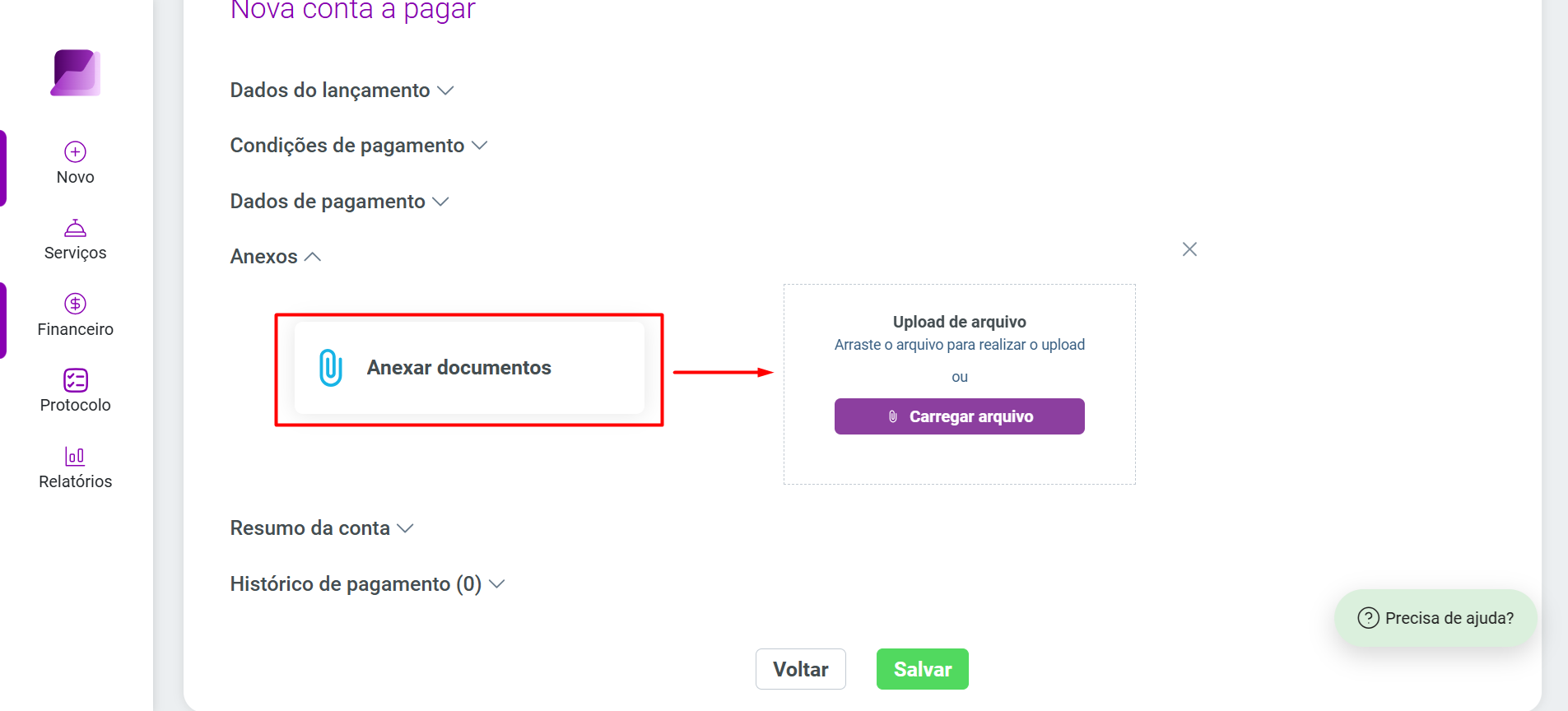 Seção 'Anexos' na tela de cadastro, destacando o botão 'Anexar documentos' e a área lateral para upload de arquivos via 'Carregar arquivo'.